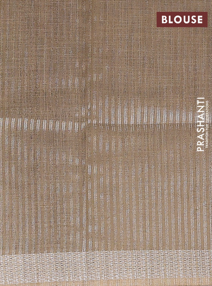 Art linen cotton saree mehendi green and beige with plain body and floral printed silver zari woven border