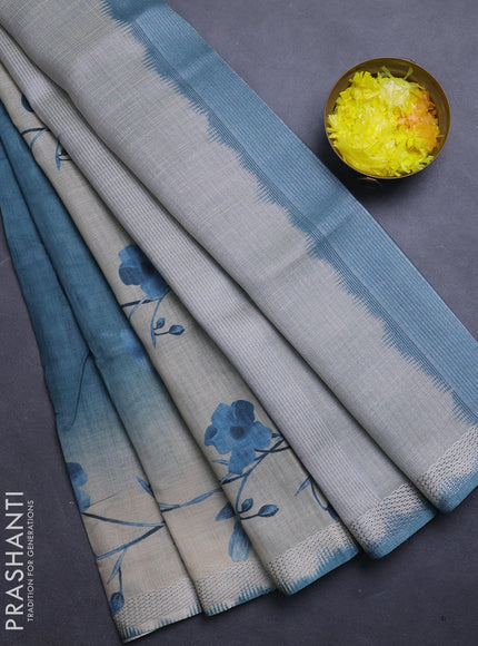 Art linen cotton saree peacock green and beige with plain body and floral printed silver zari woven border