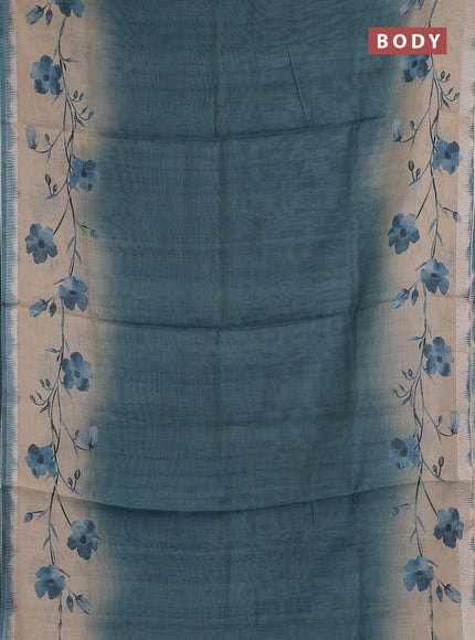 Art linen cotton saree peacock green and beige with plain body and floral printed silver zari woven border