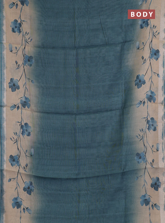 Art linen cotton saree peacock green and beige with plain body and floral printed silver zari woven border