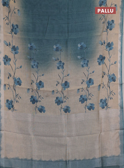 Art linen cotton saree peacock green and beige with plain body and floral printed silver zari woven border
