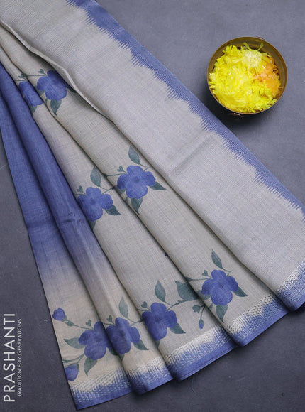 Art linen cotton saree navy blue and beige with plain body and floral printed silver zari woven border