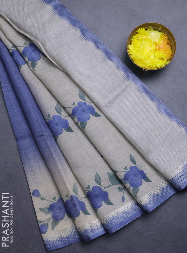 Art linen cotton saree navy blue and beige with plain body and floral printed silver zari woven border