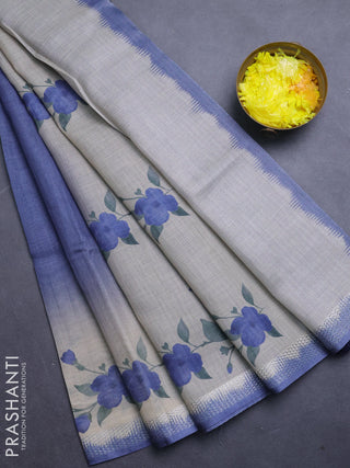 Art linen cotton saree navy blue and beige with plain body and floral printed silver zari woven border