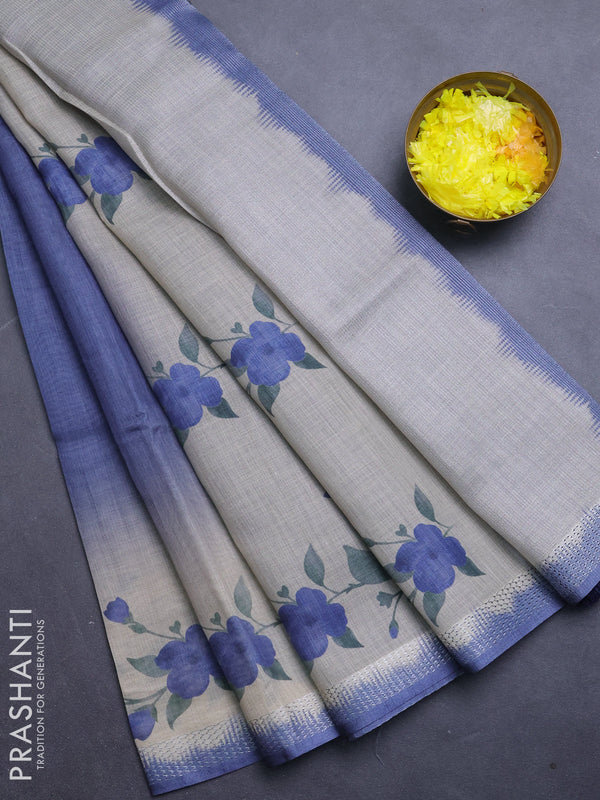 Art linen cotton saree navy blue and beige with plain body and floral printed silver zari woven border