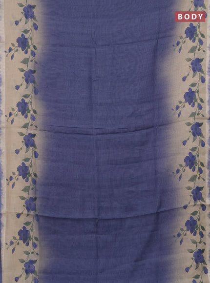 Art linen cotton saree navy blue and beige with plain body and floral printed silver zari woven border