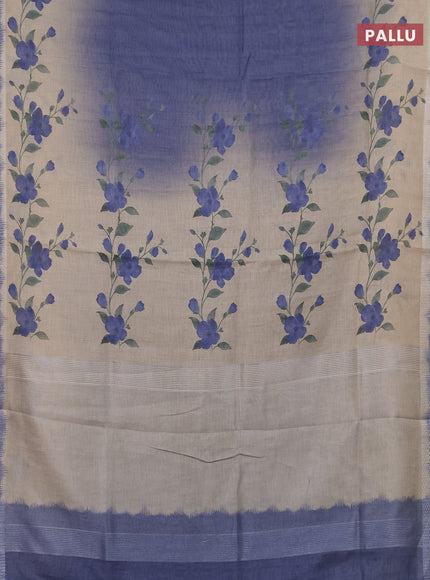 Art linen cotton saree navy blue and beige with plain body and floral printed silver zari woven border