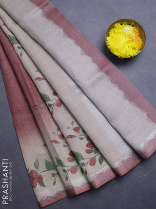 Art linen cotton saree deep maroon and beige with plain body and floral printed silver zari woven border