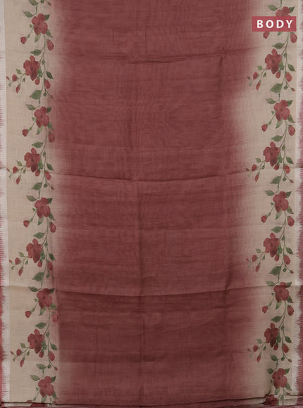 Art linen cotton saree deep maroon and beige with plain body and floral printed silver zari woven border