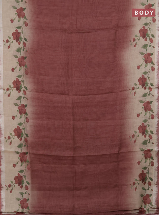 Art linen cotton saree deep maroon and beige with plain body and floral printed silver zari woven border