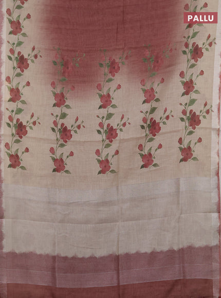 Art linen cotton saree deep maroon and beige with plain body and floral printed silver zari woven border