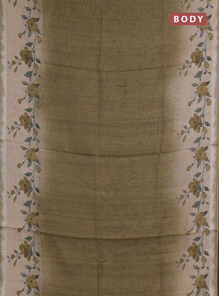 Art linen cotton saree mehendi green and beige with plain body and floral printed silver zari woven border
