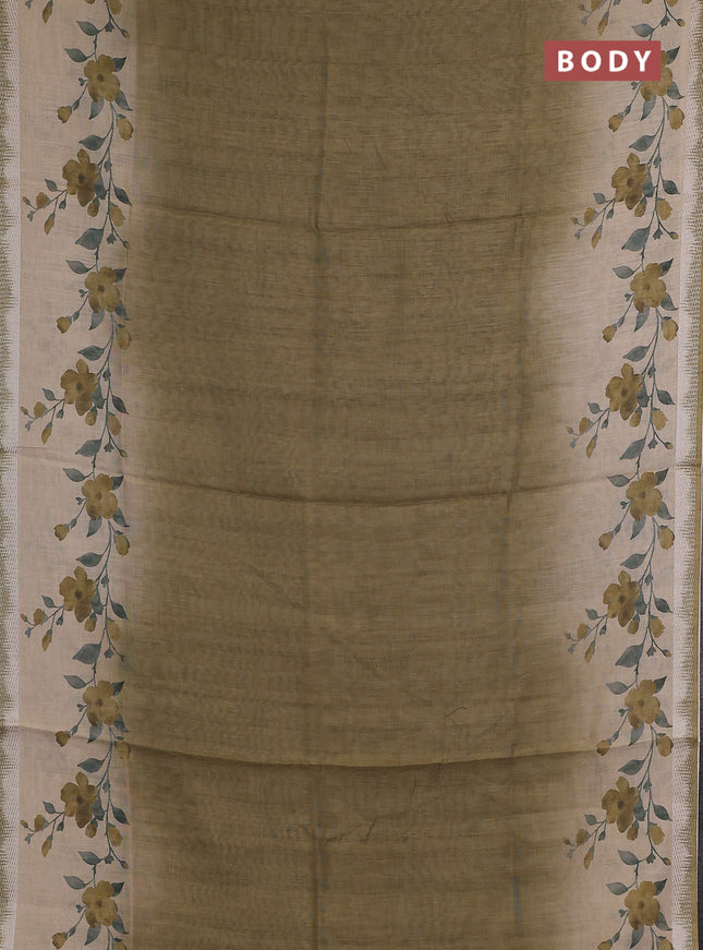 Art linen cotton saree mehendi green and beige with plain body and floral printed silver zari woven border