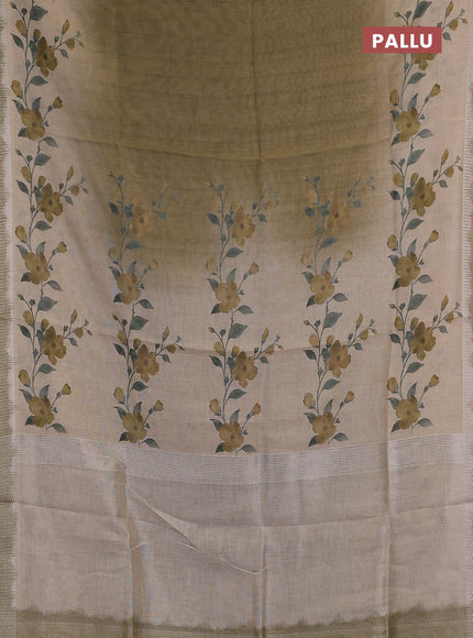 Art linen cotton saree mehendi green and beige with plain body and floral printed silver zari woven border