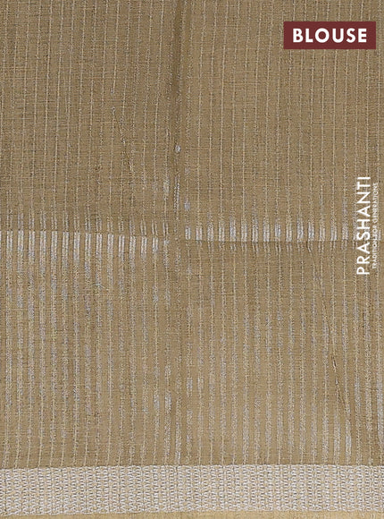 Art linen cotton saree mehendi green and beige with plain body and floral printed silver zari woven border