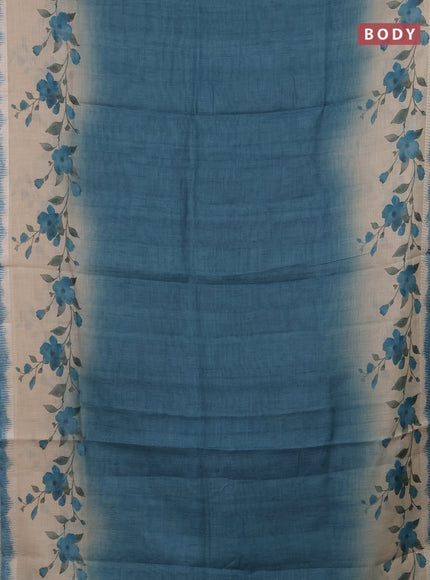 Art linen cotton saree peacock green and beige with plain body and floral printed silver zari woven border
