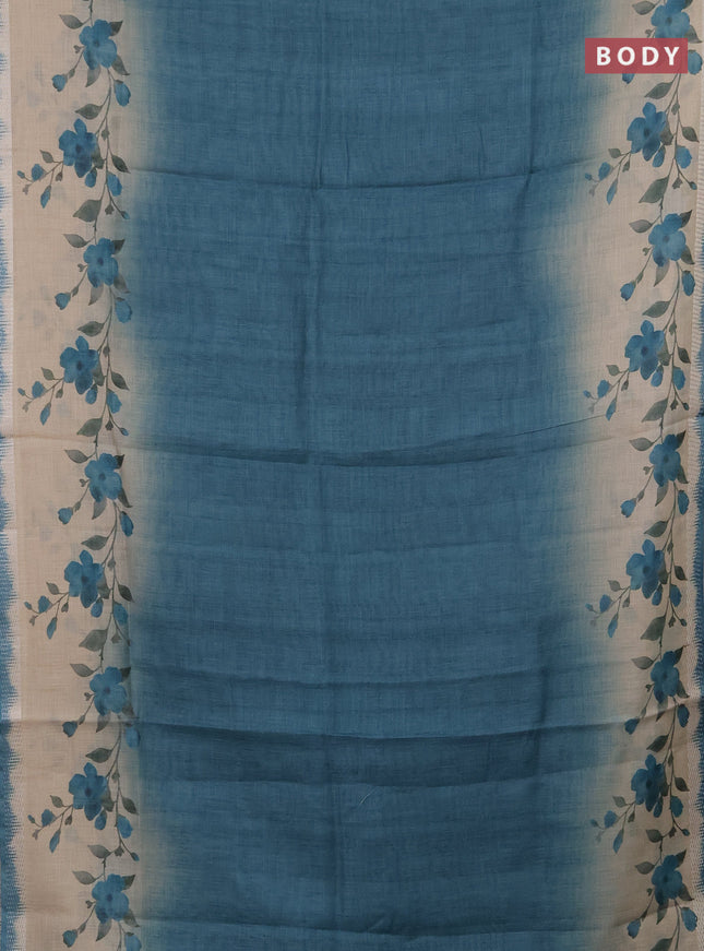 Art linen cotton saree peacock green and beige with plain body and floral printed silver zari woven border