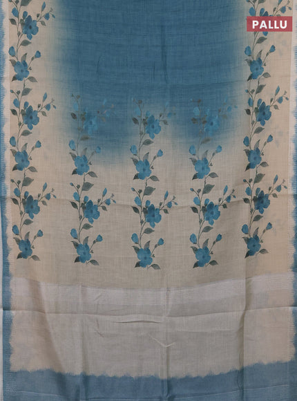Art linen cotton saree peacock green and beige with plain body and floral printed silver zari woven border