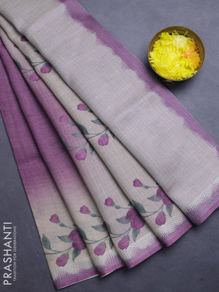 Art linen cotton saree purple and beige with plain body and floral printed silver zari woven border