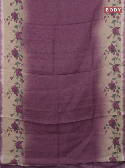 Art linen cotton saree purple and beige with plain body and floral printed silver zari woven border