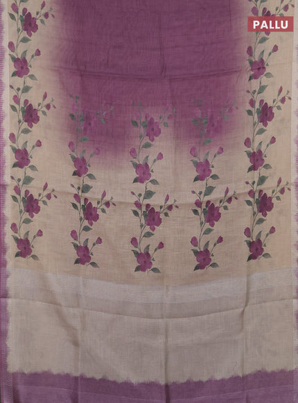 Art linen cotton saree purple and beige with plain body and floral printed silver zari woven border