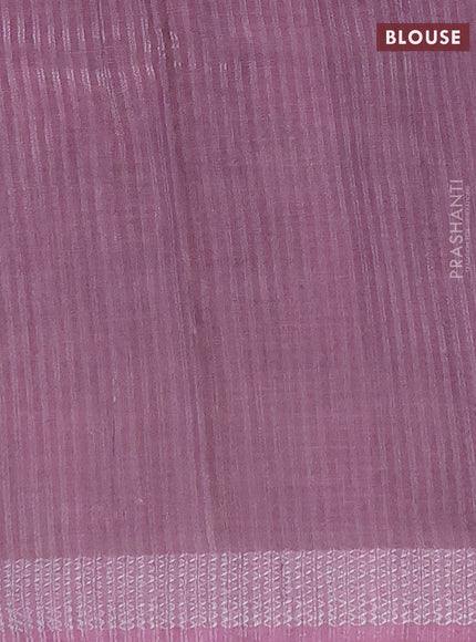 Art linen cotton saree purple and beige with plain body and floral printed silver zari woven border
