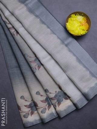 Art linen cotton saree olive green and beige with plain body and floral printed silver zari woven border