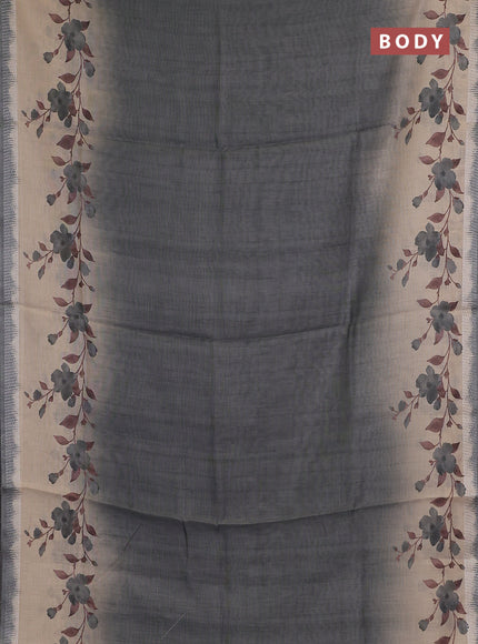 Art linen cotton saree olive green and beige with plain body and floral printed silver zari woven border
