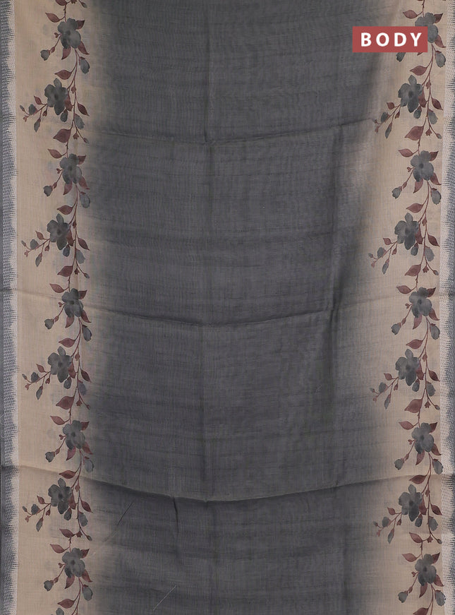 Art linen cotton saree olive green and beige with plain body and floral printed silver zari woven border
