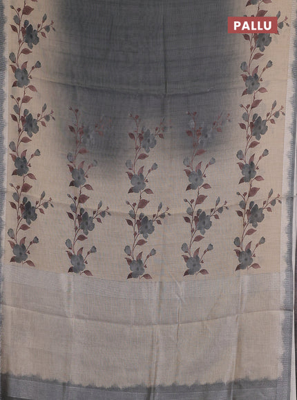Art linen cotton saree olive green and beige with plain body and floral printed silver zari woven border