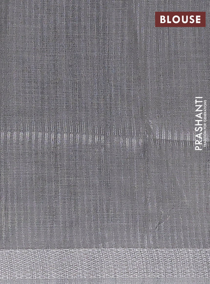 Art linen cotton saree olive green and beige with plain body and floral printed silver zari woven border