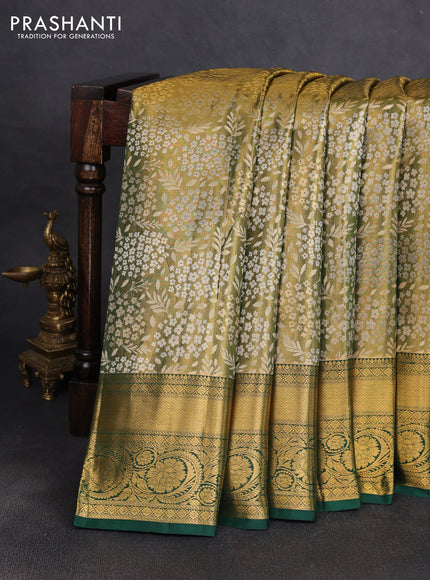 Pure kanchipuram tissue silk saree dual shade of golden green and bottle green with allover zari woven brocade weaves and rich zari woven border