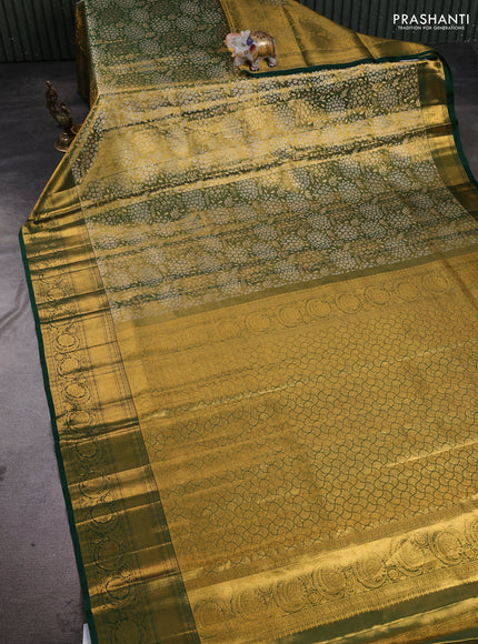 Pure kanchipuram tissue silk saree dual shade of golden green and bottle green with allover zari woven brocade weaves and rich zari woven border