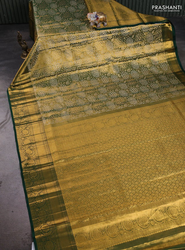 Pure kanchipuram tissue silk saree dual shade of golden green and bottle green with allover zari woven brocade weaves and rich zari woven border