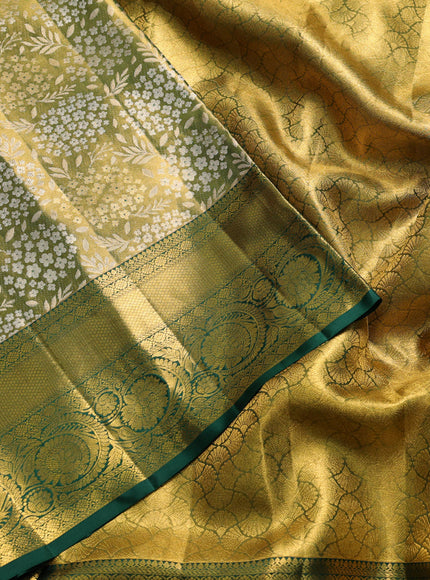 Pure kanchipuram tissue silk saree dual shade of golden green and bottle green with allover zari woven brocade weaves and rich zari woven border