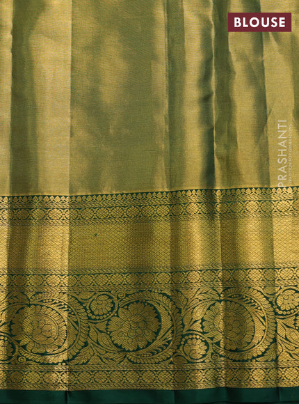 Pure kanchipuram tissue silk saree dual shade of golden green and bottle green with allover zari woven brocade weaves and rich zari woven border
