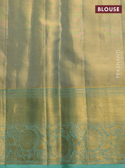 Pure kanchipuram tissue silk saree gold and pista green shade with allover zari woven floral brocade weaves and rich zari woven border