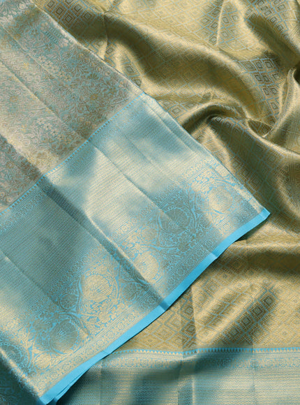 Pure kanchipuram tissue silk saree dual shade of light blue with allover zari woven brocade weaves and rich zari woven border