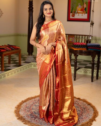 Pure kanchipuram tissue silk saree golden red and red with allover zari woven brocade weaves and rich zari woven border
