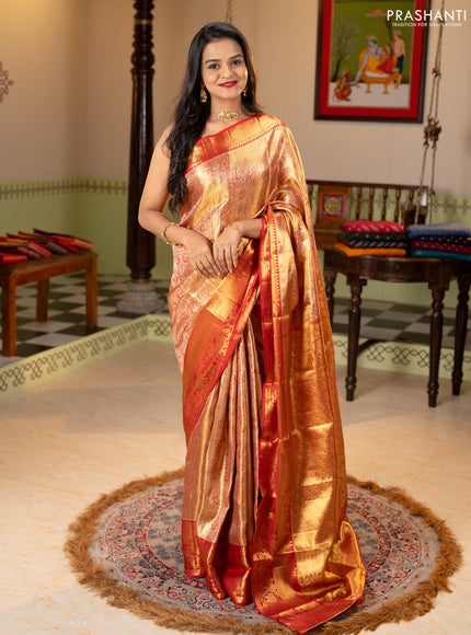 Pure kanchipuram tissue silk saree golden red and red with allover zari woven brocade weaves and rich zari woven border