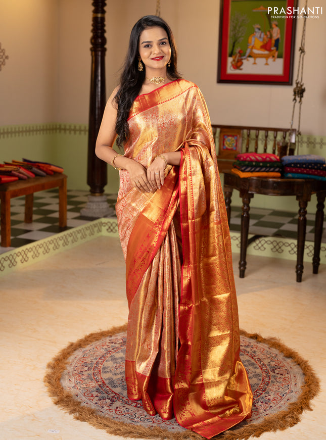 Pure kanchipuram tissue silk saree golden red and red with allover zari woven brocade weaves and rich zari woven border