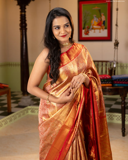 Pure kanchipuram tissue silk saree golden red and red with allover zari woven brocade weaves and rich zari woven border