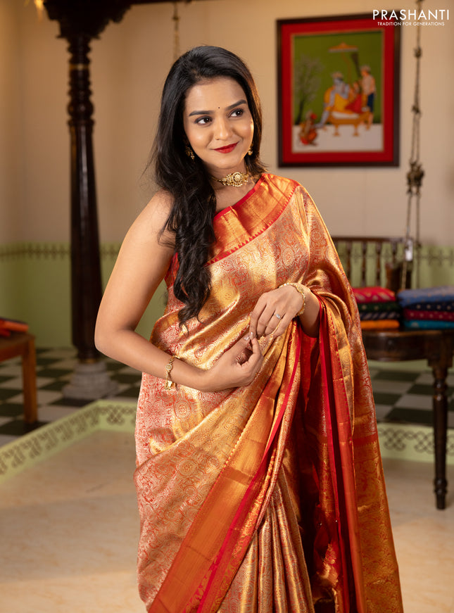 Pure kanchipuram tissue silk saree golden red and red with allover zari woven brocade weaves and rich zari woven border