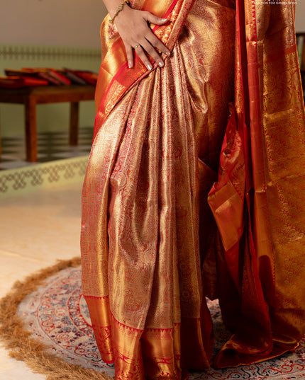 Pure kanchipuram tissue silk saree golden red and red with allover zari woven brocade weaves and rich zari woven border