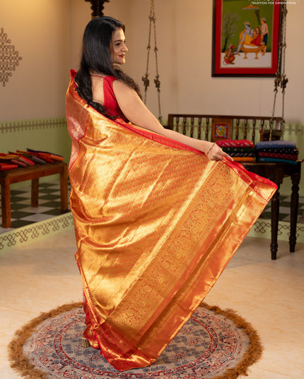 Pure kanchipuram tissue silk saree golden red and red with allover zari woven brocade weaves and rich zari woven border
