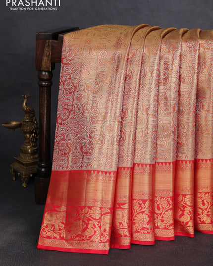 Pure kanchipuram tissue silk saree golden red and red with allover zari woven brocade weaves and rich zari woven border