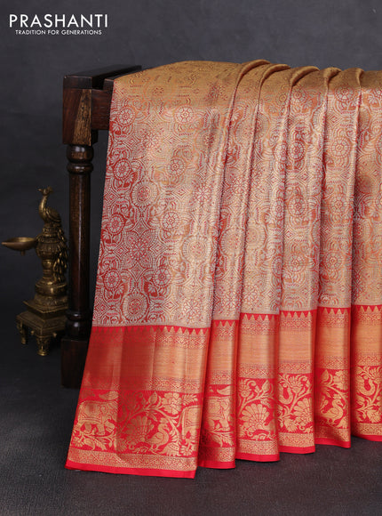 Pure kanchipuram tissue silk saree golden red and red with allover zari woven brocade weaves and rich zari woven border