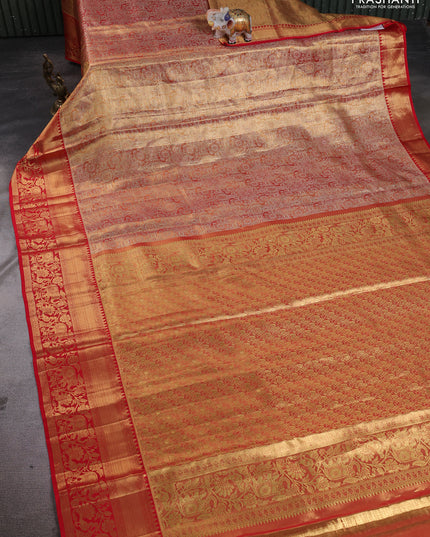 Pure kanchipuram tissue silk saree golden red and red with allover zari woven brocade weaves and rich zari woven border