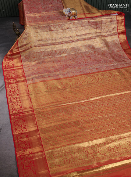 Pure kanchipuram tissue silk saree golden red and red with allover zari woven brocade weaves and rich zari woven border