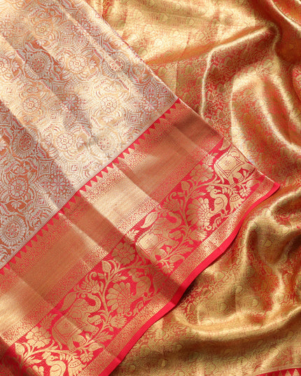 Pure kanchipuram tissue silk saree golden red and red with allover zari woven brocade weaves and rich zari woven border